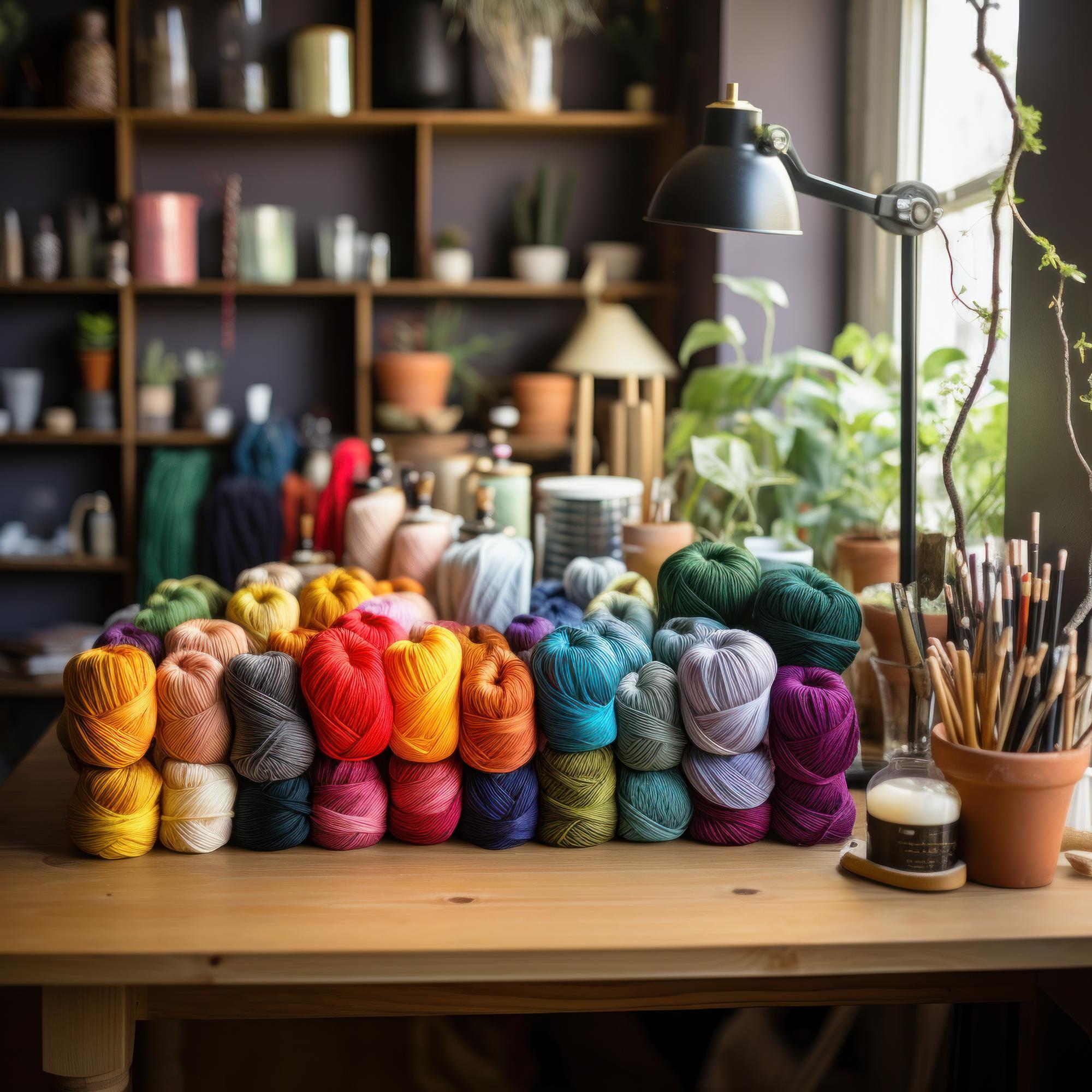 Angolo di laboratorio con fili colorati e attrezzi per ricamo